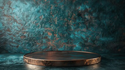 Industrial copper podium on teal background for realistic rugged product displays, textured surface