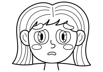 Sad emotion face in black and white. Little girl clipart with emotional expression in outline. Feeling concept vector illustration