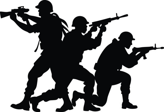 recommend clip art: Soldiers in various shooting stances, such as prone, kneeling, and standing. Silhouette Vector Illustration 
