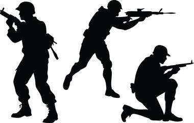 Soldiers in various shooting stances, such as prone, kneeling, and standing. Silhouette Vector Illustration 