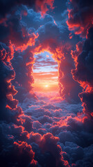 Sunset in the clouds, gates of heaven opening with beautiful pastel colors