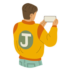Guy takes a photo or video on his phone. View from the back. Shooting a bright event, friends, a beautiful landscape. Vector illustration of a modern flat style isolated on a transparent background.