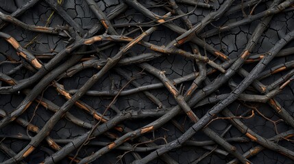 Fototapeta premium Charred twigs on blackened ground