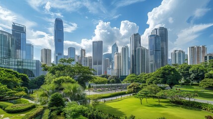 Obraz premium Urban Oasis: Lush Green Park Amidst Modern Skyscrapers