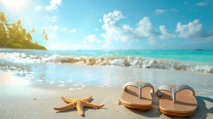 Vacation concept with flip flops and sandals on a tropical beach