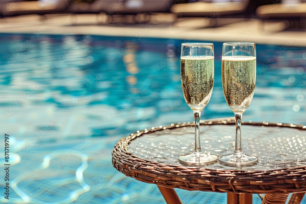 Canvas Prints Two champagne glasses are on a table by a pool