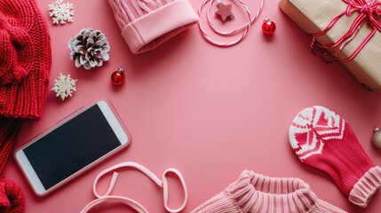 Top view of clothing and accessories with mobile phone and gift box on pink background for holiday planning