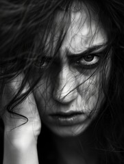 Fototapeta premium A black and white close-up portrait of a woman with an intense and fierce stare, her hair messily framing her face, conveying strong emotions and raw power.