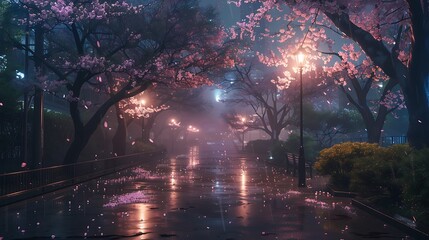 Fototapeta premium Rainy Night in a Cherry Blossom Alley