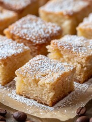 Tantalizing close-up of delicious cake bites sprinkled with powdered sugar exuding a warm, inviting feel perfect for dessert lovers, highlighting their texture and sweetness.