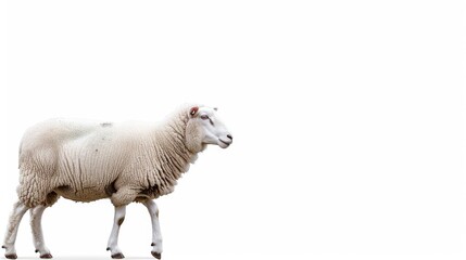White ram walking sideways with blank background Male sheep Farm animals in agriculture and livestock sector