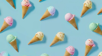 Seamless pattern of colorful ice cream. Flat lay summer concept.	