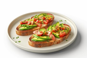 A plate of avocado and tomatoes sandwiches on white background
