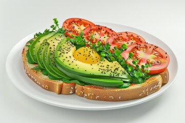 A plate of avocado and tomatoes sandwiches on white background