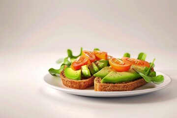 A plate of avocado and tomatoes sandwiches on white background
