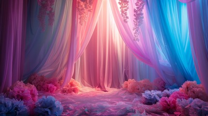 Holographic unicorn backdrop with rainbow mesh and flowers