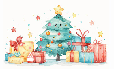 Fototapeta premium Adorable watercolor illustration of a smiling Christmas tree with ornaments and gift boxes, in a festive scene.