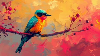 Fototapeta premium Vibrant bird on a crimson branch