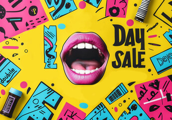 Vibrant Day Sale Poster with Bold Colors, Graphic Elements, and Open Mouth Illustration on Yellow Background