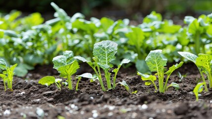 Planting young vegetables in a garden during spring planting season