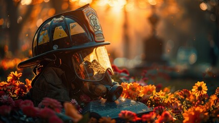 Firefighter Helmet Amidst Bright Sunlit Flowers Memorializing Heroism and Sacrifice