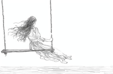 Elegant line drawing of a woman with flowing hair sitting on a swing, capturing a sense of freedom and tranquility
