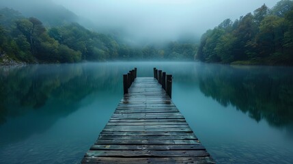 Naklejka premium Wooden jetty extending into foggy lake