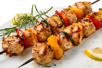 Grilled Chicken Skewers, Chicken skewers with vegetables, capturing the char and juiciness