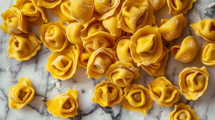 Fresh tortellini on marble surface