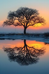 Alone tree is reflected in the lake water at sunset. A serene and peaceful atmosphere