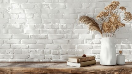 Postcard mockup on books with vase of dried flowers Wooden table and white brick wall Copy space