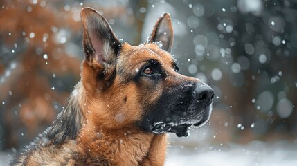 German shepherd in winter snow