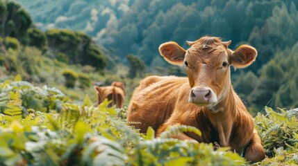 Naklejka premium Cow resting in a subtropical forest in fa