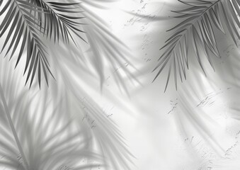 A white gray grunge cement texture wall leaf plant shadow background with a tropical summer beach concept. A flat lay palm nature photo.