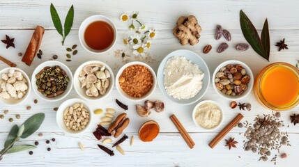Winter plant based cooking ingredients flat lay on white wooden background