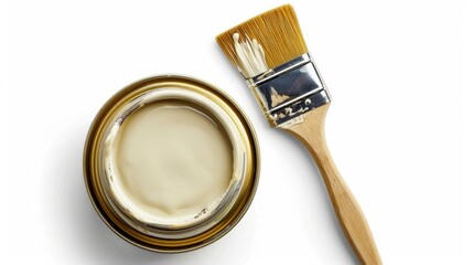Paint can and brush isolated on white background seen from above