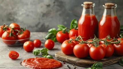 Tomato products on a wooden table