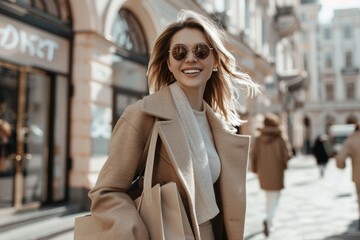 Fototapeta premium Smiling woman with shopping bags in neutral outfit and sunglasses, city street joy