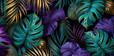 Exotic luxury seamless pattern with pastel banana leaves and palm tree. 3D illustration of vintage hand-drawn design. Black and white seamless pattern with glamorous background. Ideal for wallpapers,