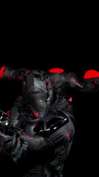 cyborg warrior with AGI (Artificial General Intelligence), warming up before battle, black background, 3d rendering