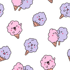 Cute kawaii cotton candy with a smile. Seamless pattern. Sweet sugar cartoon food character. Hand drawn style. Vector drawing. Design ornaments.