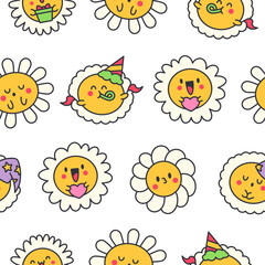 Cute kawaii chamomile. Seamless pattern. Flower happy character with smile face. Hand drawn style. Vector drawing. Design ornaments.