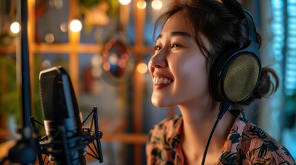 Young woman smiling while recording a podcast in a cozy home studio with professional equipment. Generative ai
