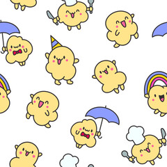 Cute popcorn character in different poses. Seamless pattern. Funny cartoon food. Hand drawn style. Vector drawing. Design ornaments.