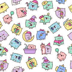 Cute funny pillow with happy face. Seamless pattern. Cartoon kawaii character. Hand drawn style. Vector drawing. Design ornaments.