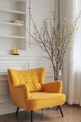 interior of a living room with a yellow armchair, a shelf, and a vase with branches of yellow flowers