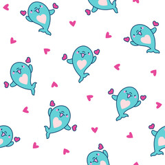 Funny dolphin characters. Seamless pattern. Cute cartoon kawaii sea animal. Hand drawn style. Vector drawing. Design ornaments.