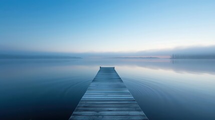 A calm lake at dawn with mist rising from the water