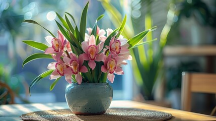 Pink cymbidium orchid in pot on wooden table