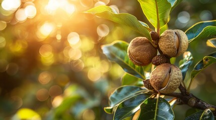 Macadamia nuts growing on a tree branch